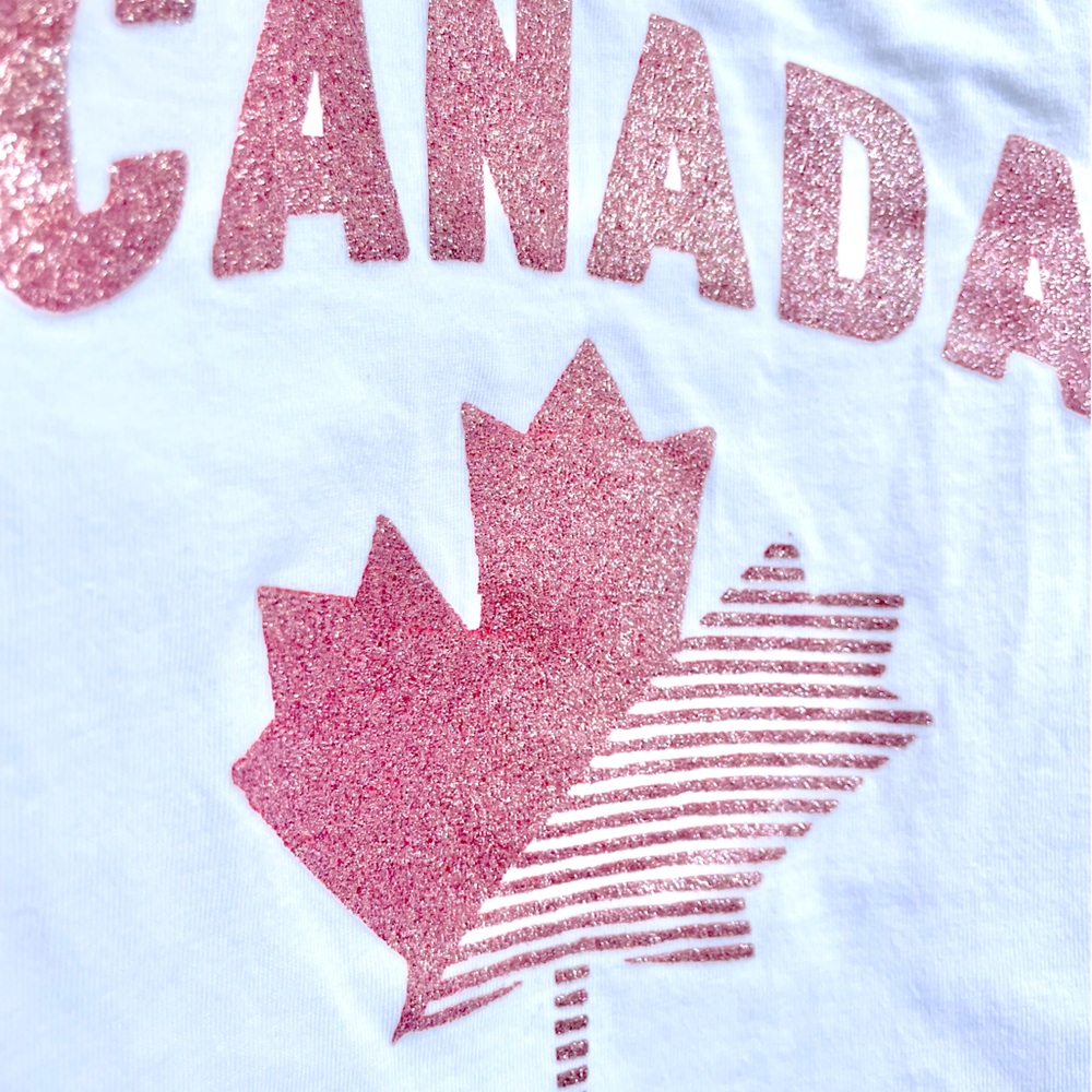 6/$20💥NEW 🇨🇦 Canada Glitter Maple Leaf Tee, White & Coral Pink, Short Sleeve